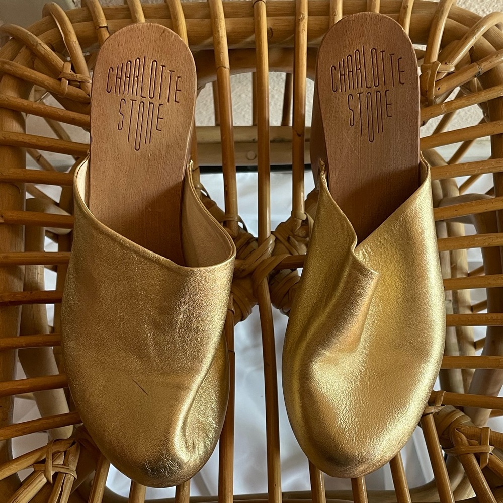 Rare Charlotte Stone Gorgeous gold leather heeled clogs. Size 8.